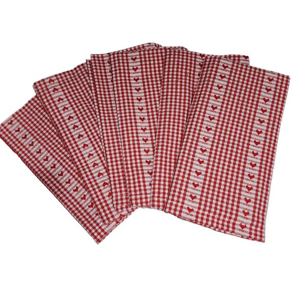 Rachel Ashwell 6pc Red and White Checkered Napkin Set‎ Embroidered Hearts NEW - Picture 5 of 5
